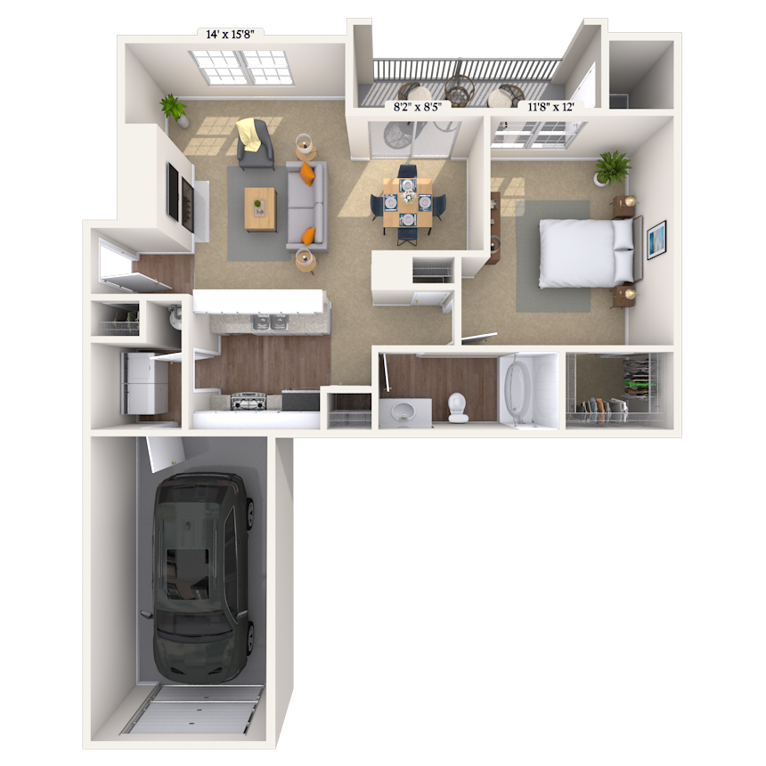 Floor plan for 1 bed, 1 bath, 909 sqft